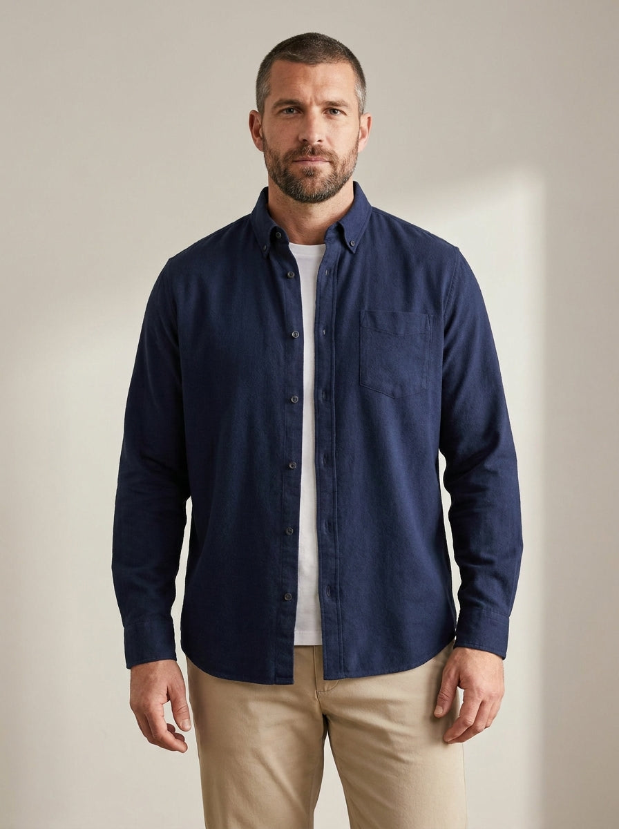 relaxed casual button-down shirt in navy — front view
