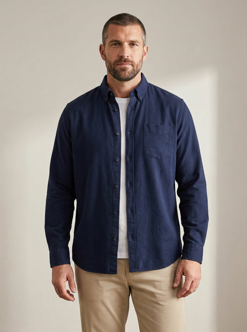 relaxed casual button-down shirt in navy — front view
