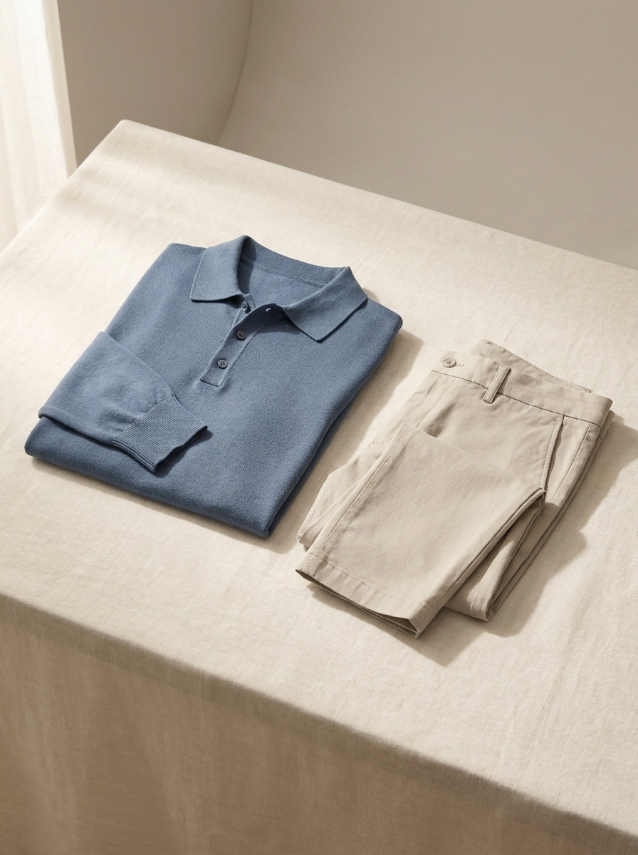 long sleeve fine-gauge knit polo shirt in dusty blue — flat view