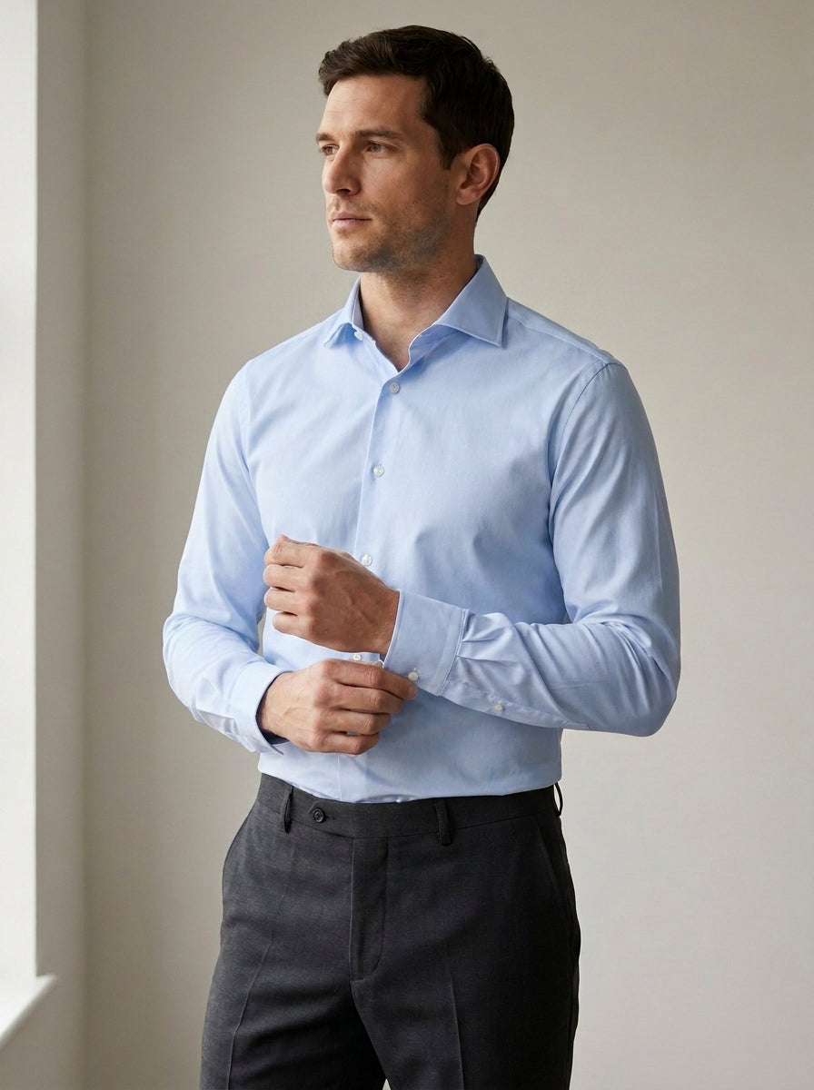 Slim Fit Long Sleeve Dress Shirt in Light Blue — angle view