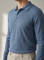 long sleeve fine-gauge knit polo shirt in dusty blue — detail view