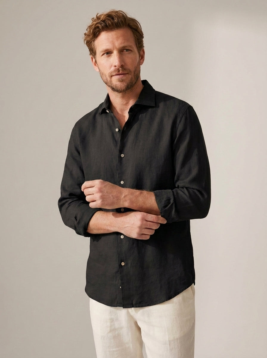 Linen-Blend Long Sleeve Shirt in Black — angle view