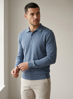long sleeve fine-gauge knit polo shirt in dusty blue — angle view