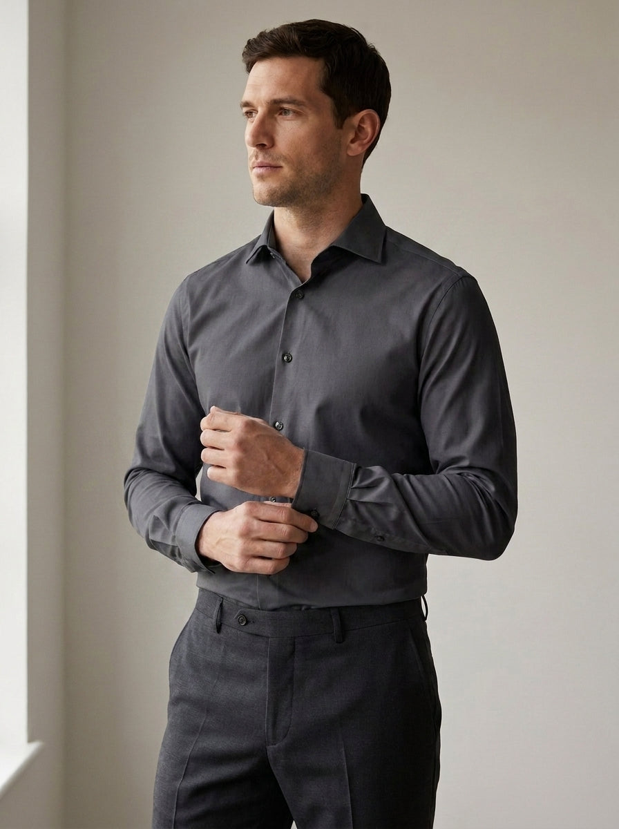 Slim Fit Long Sleeve Dress Shirt in Black Grey — angle view