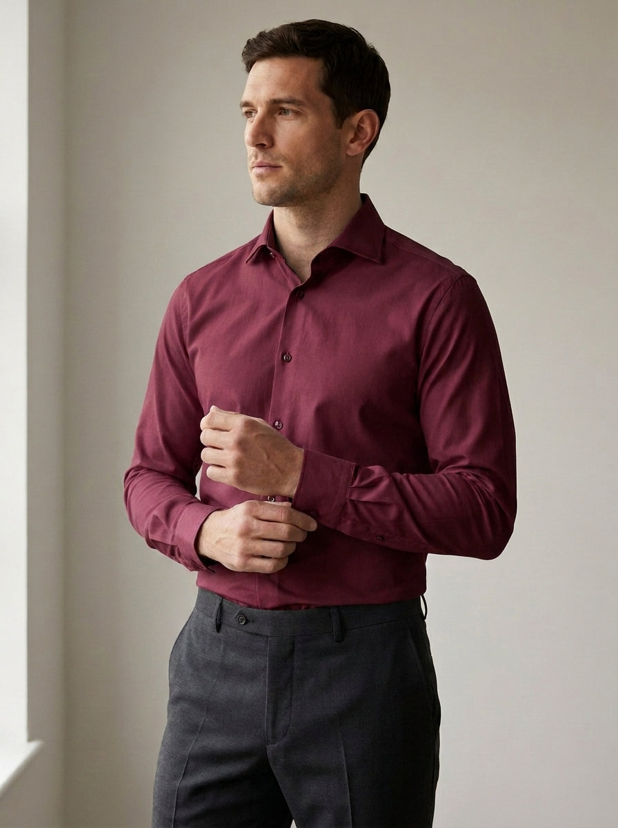 Slim Fit Long Sleeve Dress Shirt in Wine Red — angle view