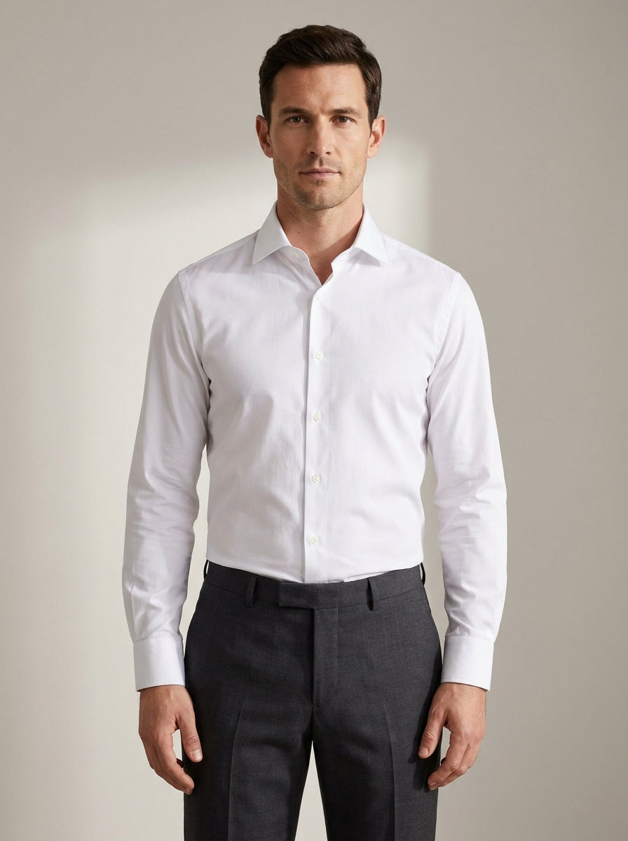 slim fit long sleeve dress shirt in crisp white — front view