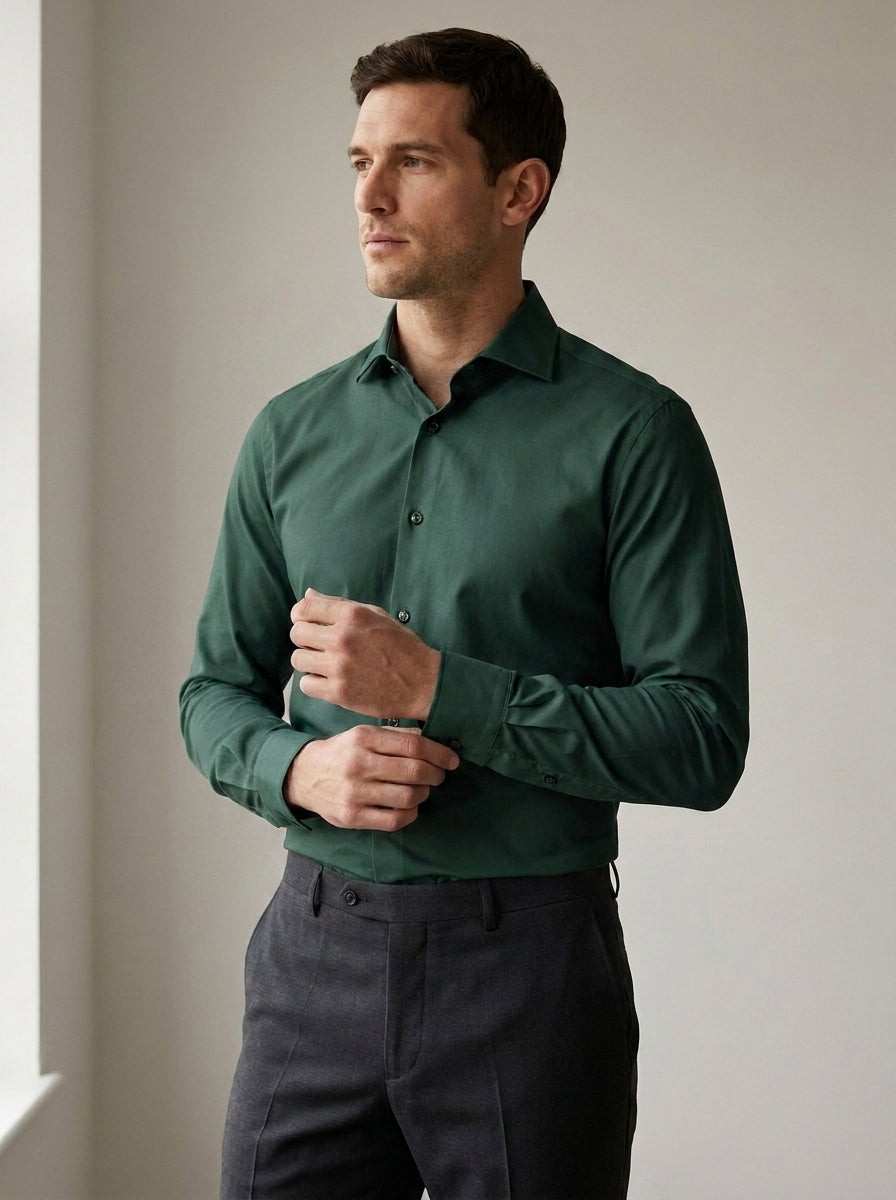 Slim Fit Long Sleeve Dress Shirt in Dark Green — angle view