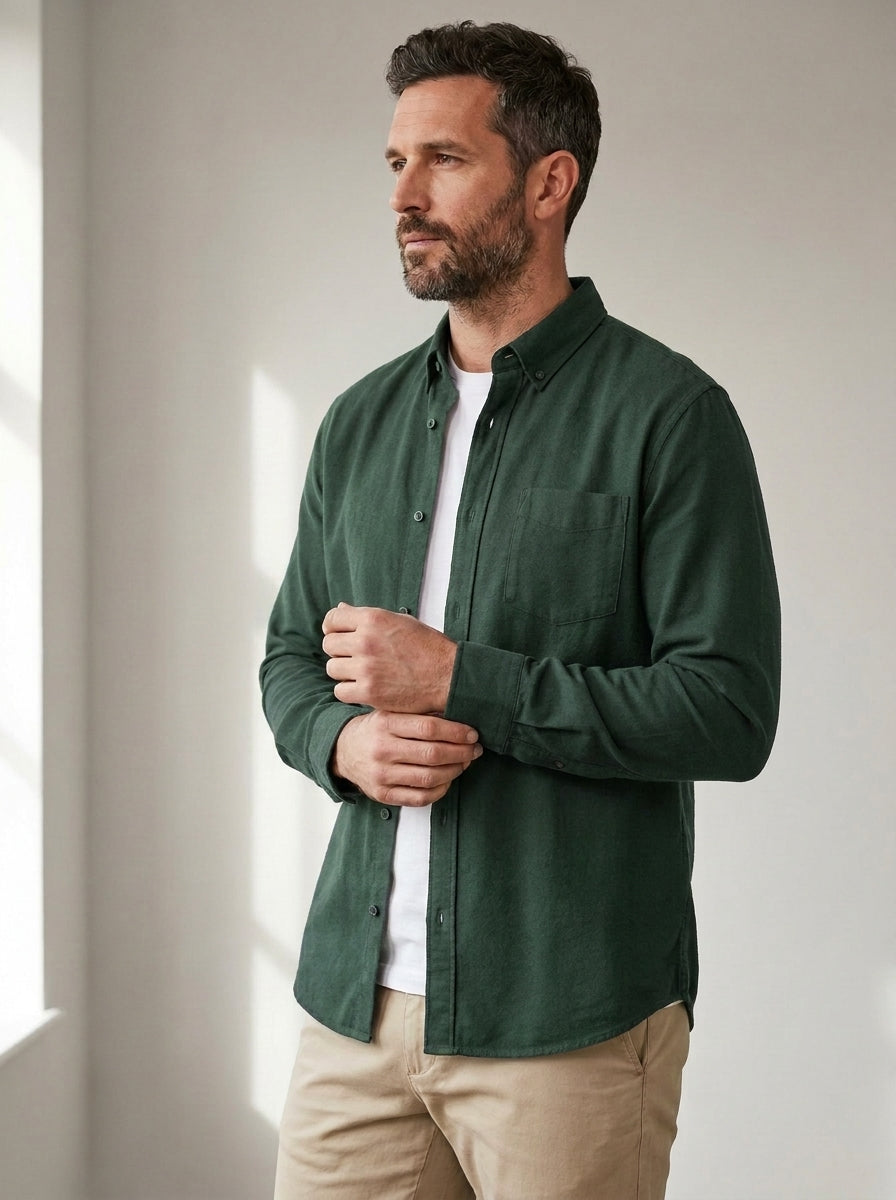 Casual Button-Down Shirt — Relaxed Fit in Green — angle view