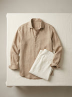 relaxed fit linen long sleeve shirt in warm beige — flat view