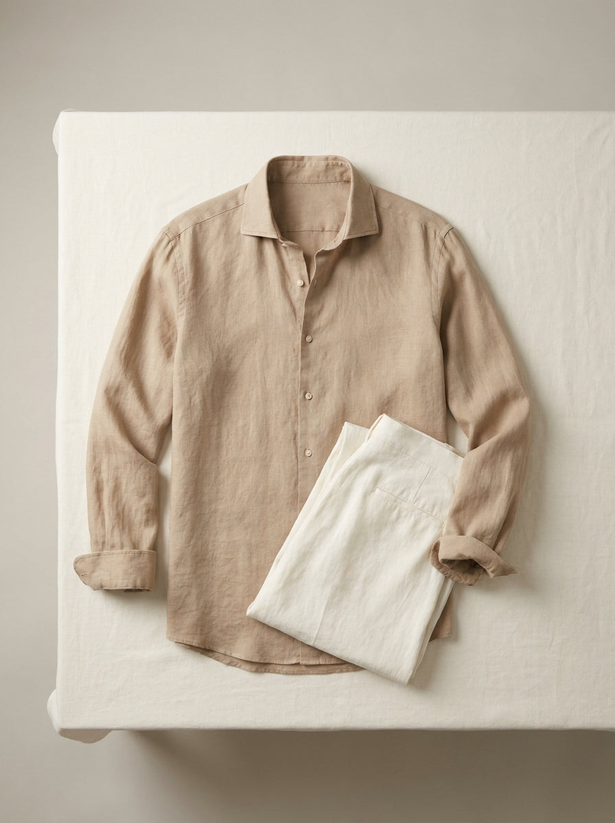 relaxed fit linen long sleeve shirt in warm beige — flat view