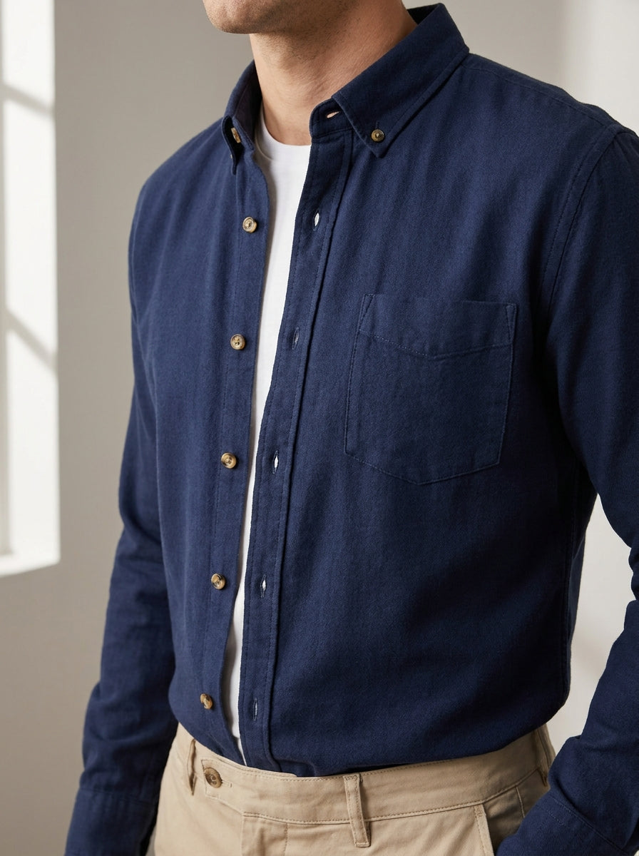 relaxed casual button-down shirt in navy — detail view