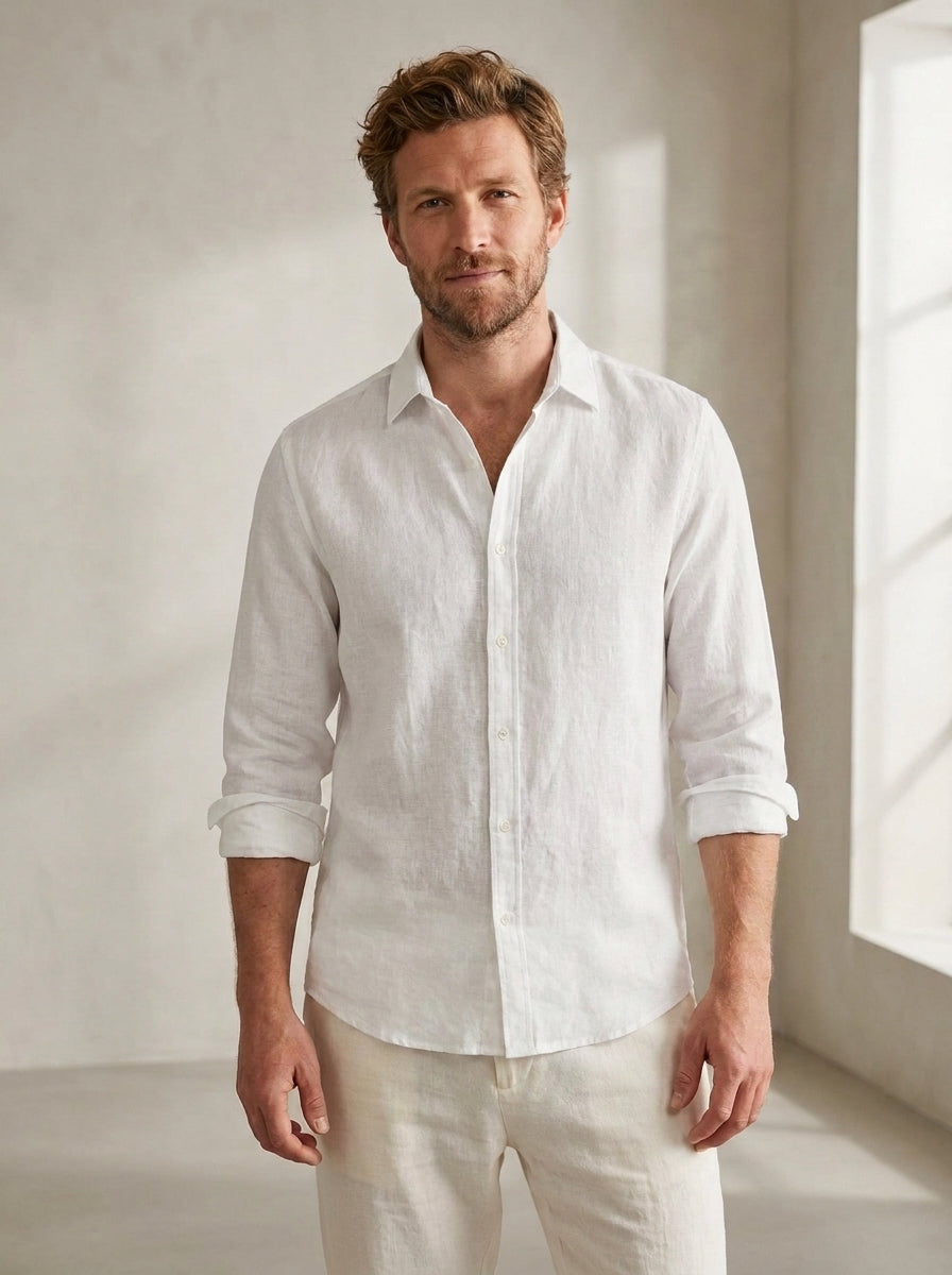 Linen-Blend Long Sleeve Shirt in White