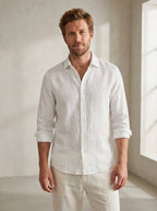 Linen-Blend Long Sleeve Shirt in White