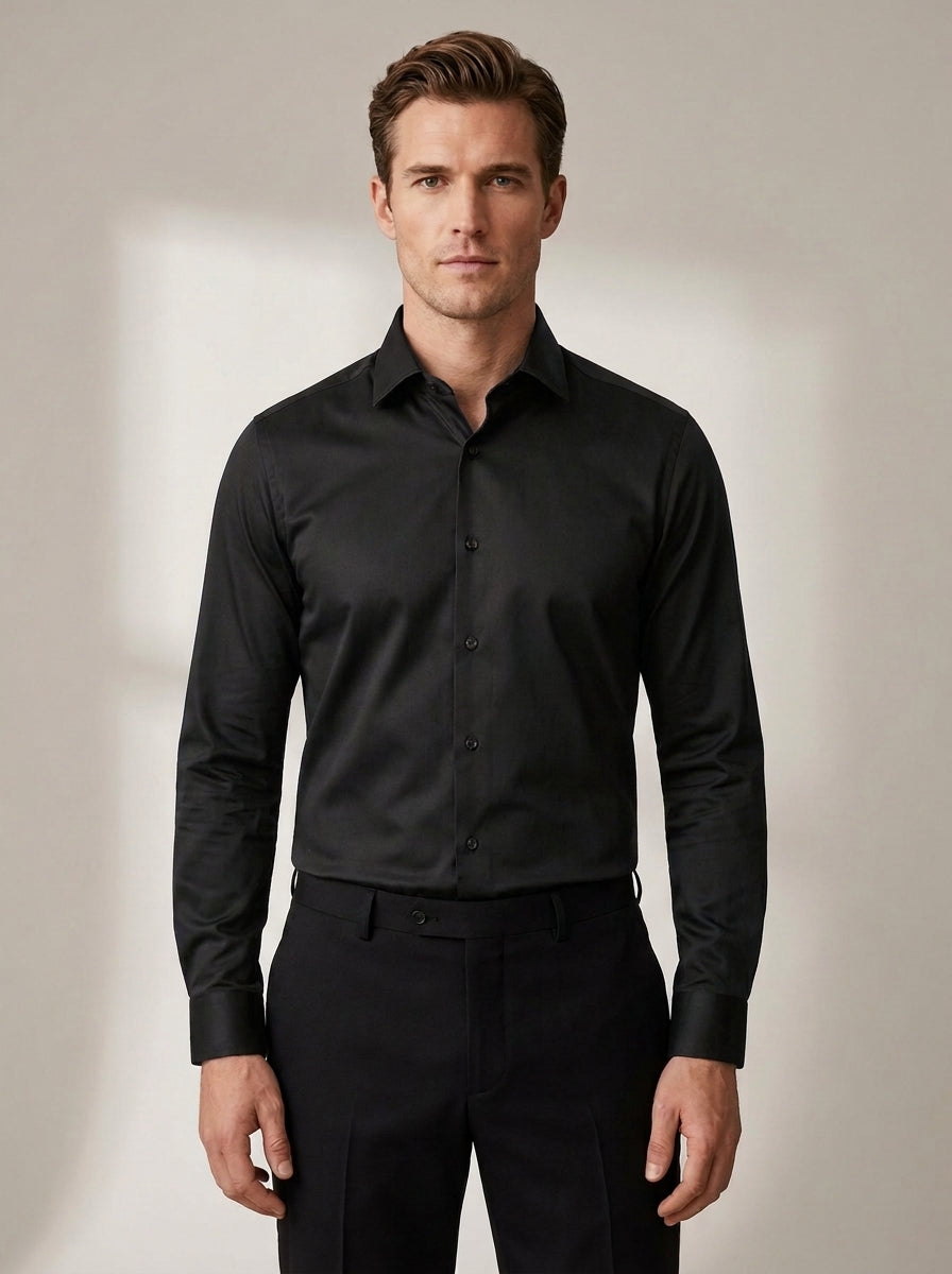 Slim Fit Satin-Stretch Shirt in Black