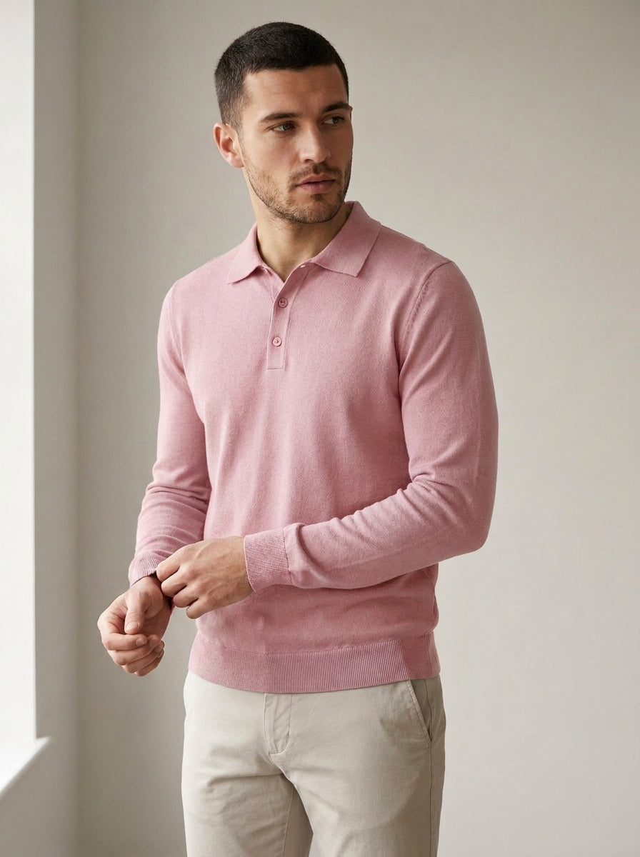 Long Sleeve Knit Polo Shirt in Pink — angle view