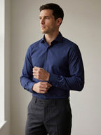 Slim Fit Long Sleeve Dress Shirt in Navy — angle view