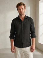 Linen-Blend Long Sleeve Shirt in Black