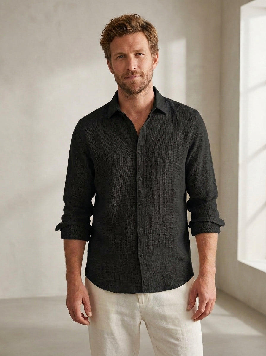 Linen-Blend Long Sleeve Shirt in Black