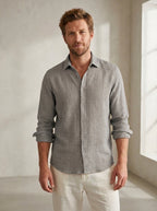 Linen-Blend Long Sleeve Shirt in Grey