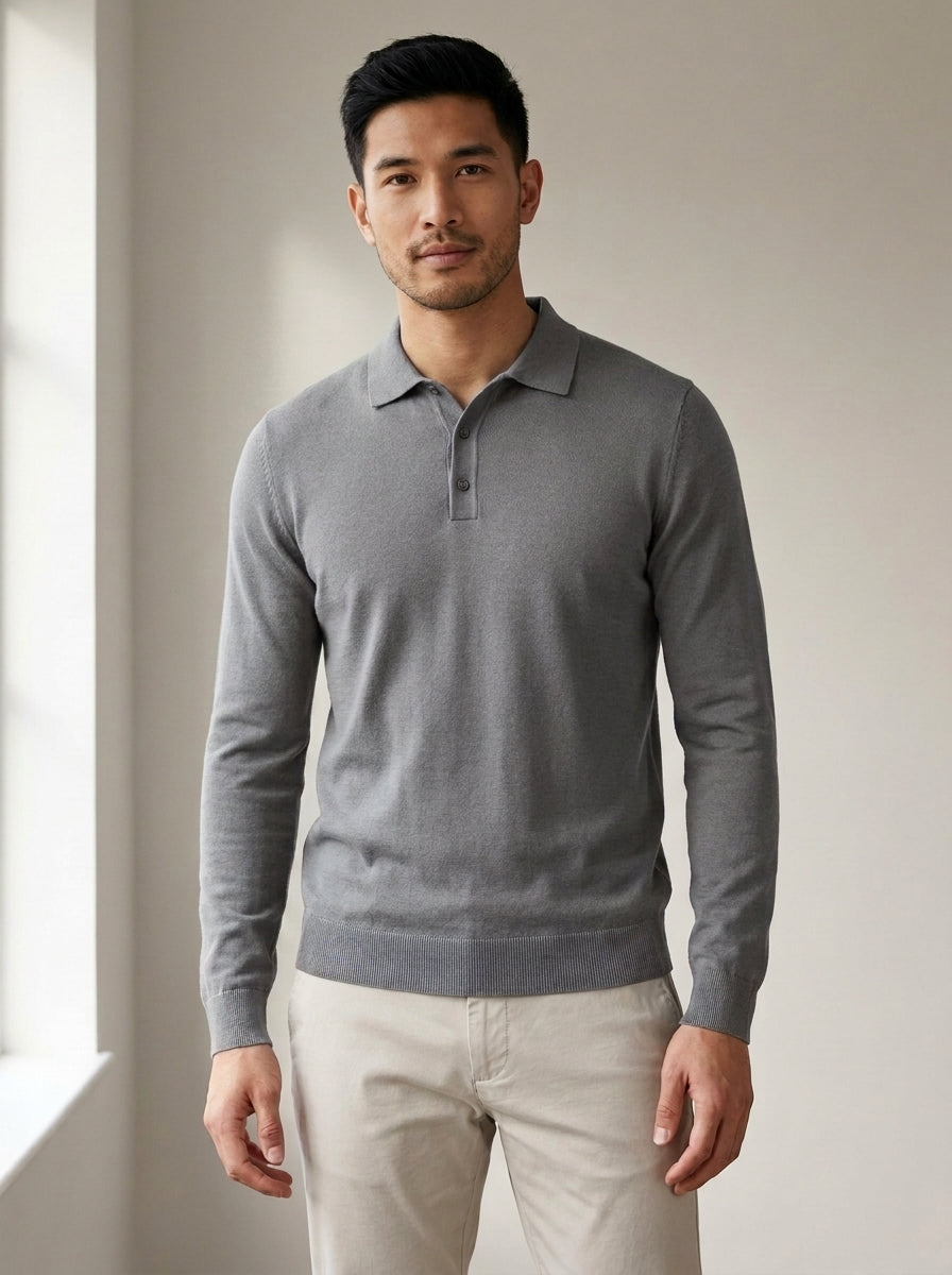 Long Sleeve Knit Polo Shirt in Grey
