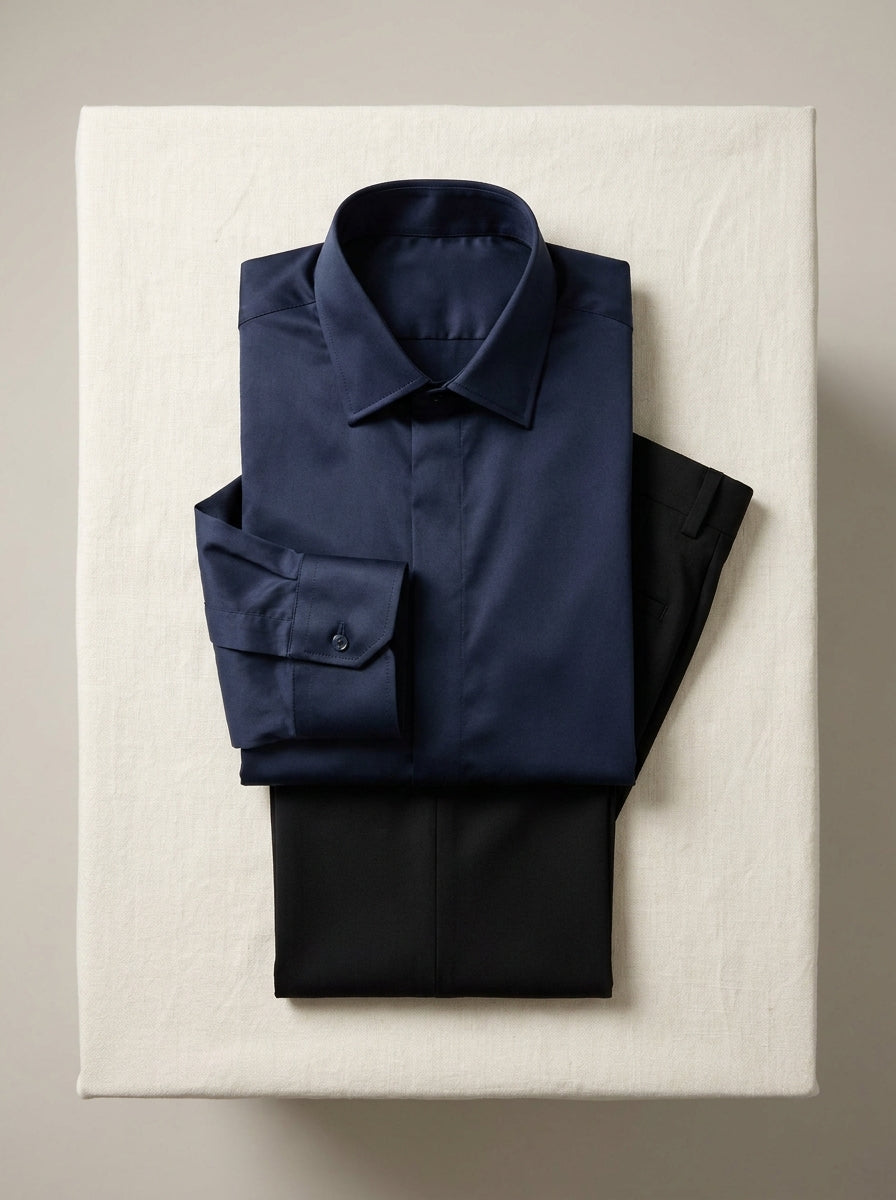 slim fit satin-feel stretch dress shirt in deep navy with subtle low sheen — flat view