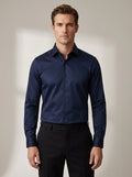 slim fit satin-feel stretch dress shirt in deep navy with subtle low sheen — front view