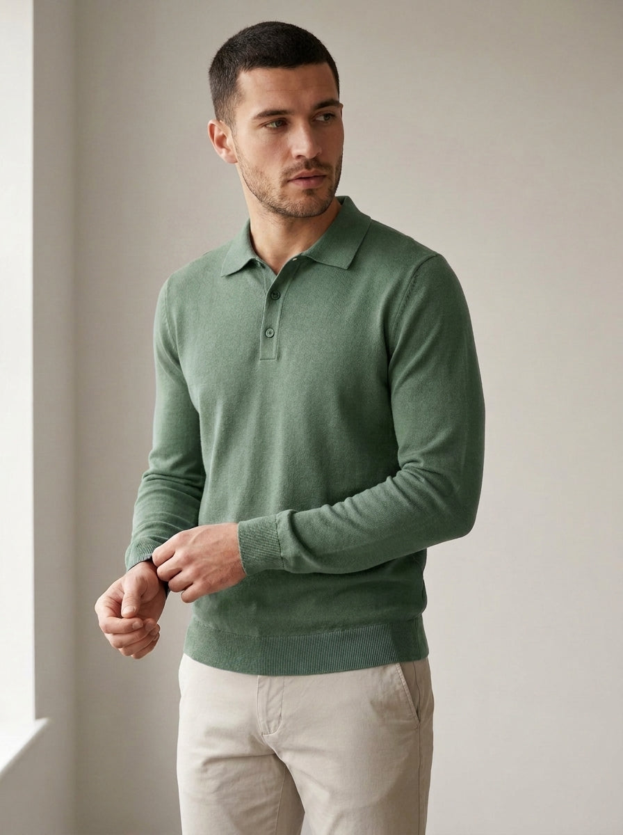 Long Sleeve Knit Polo Shirt in Green — angle view