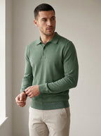 Long Sleeve Knit Polo Shirt in Green — angle view