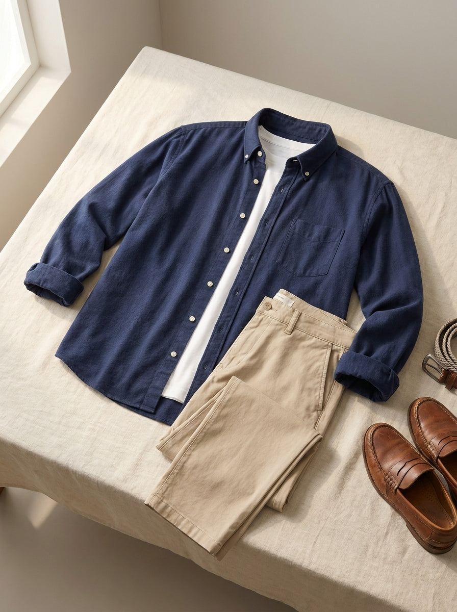 relaxed casual button-down shirt in navy — flat view