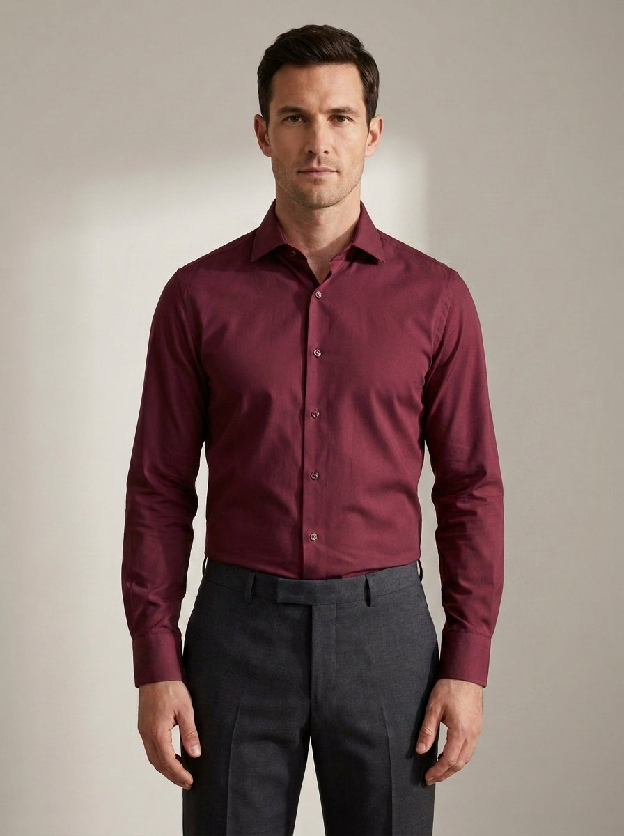Slim Fit Long Sleeve Dress Shirt in Wine Red