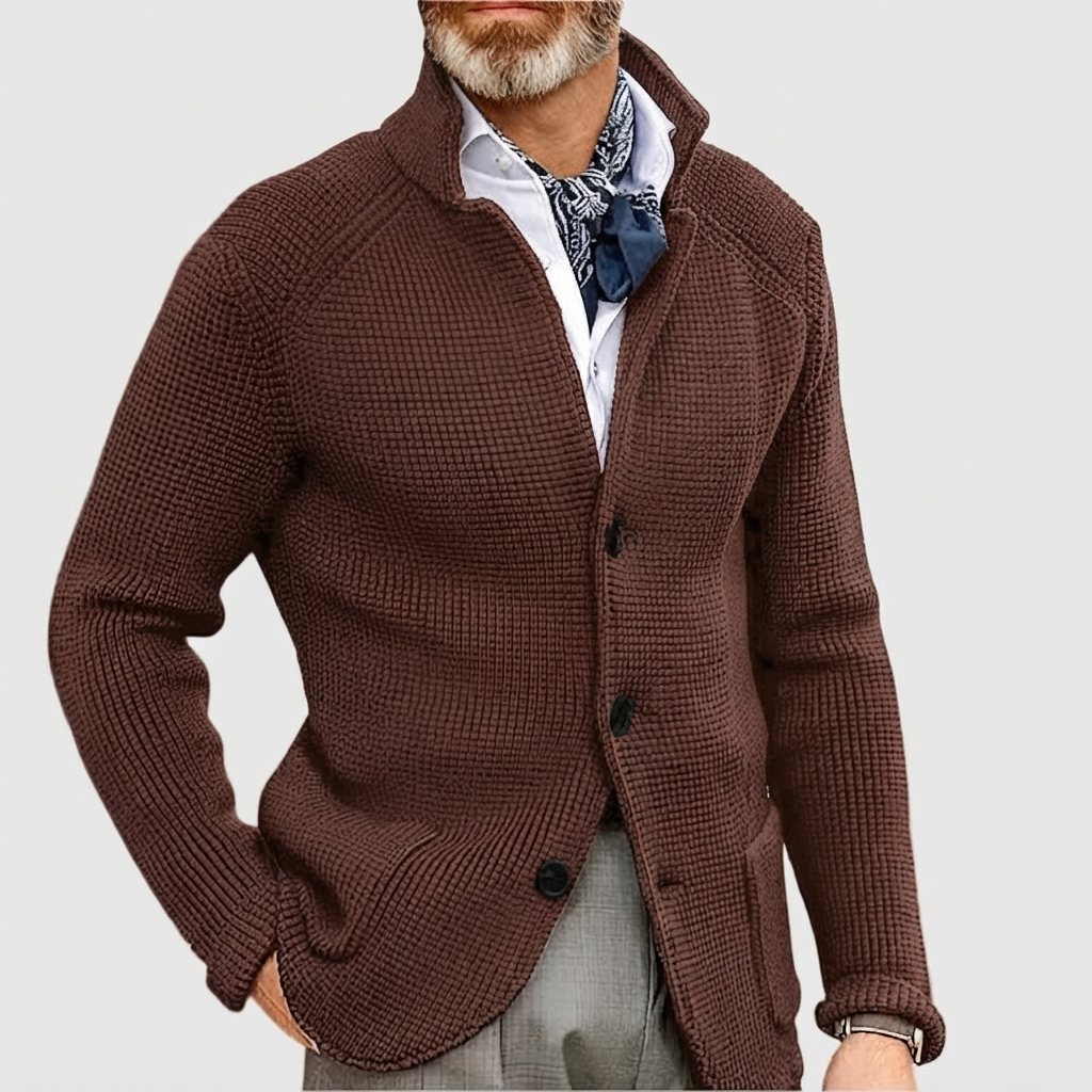 Men's Waffle-Knit Cardigan Sweater with Stand Collar and Button Front