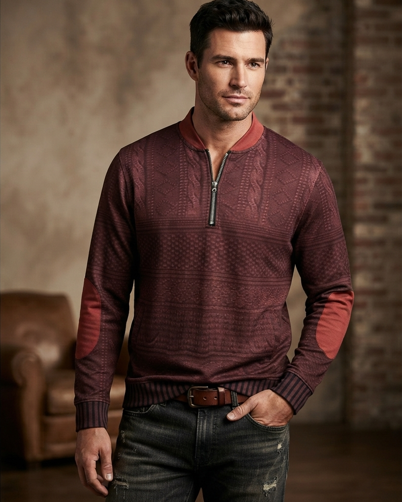 Men's Knit Sweater with Quarter Zip and Pattern Panels — Allyours Closet (view 8)
