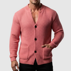 Men's Waffle-Knit Cardigan Sweater with Stand Collar and Button Front