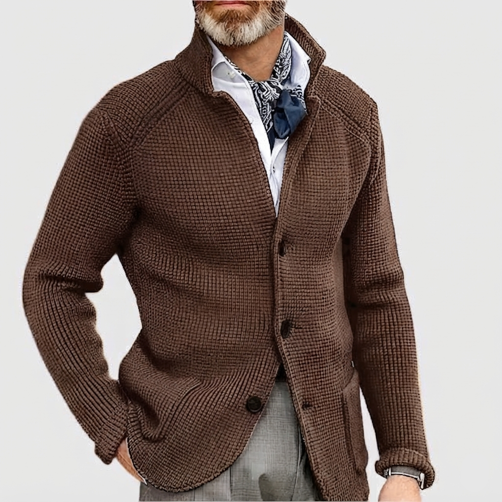 Men's Waffle-Knit Cardigan Sweater with Stand Collar and Button Front — Allyours Closet (view 9)