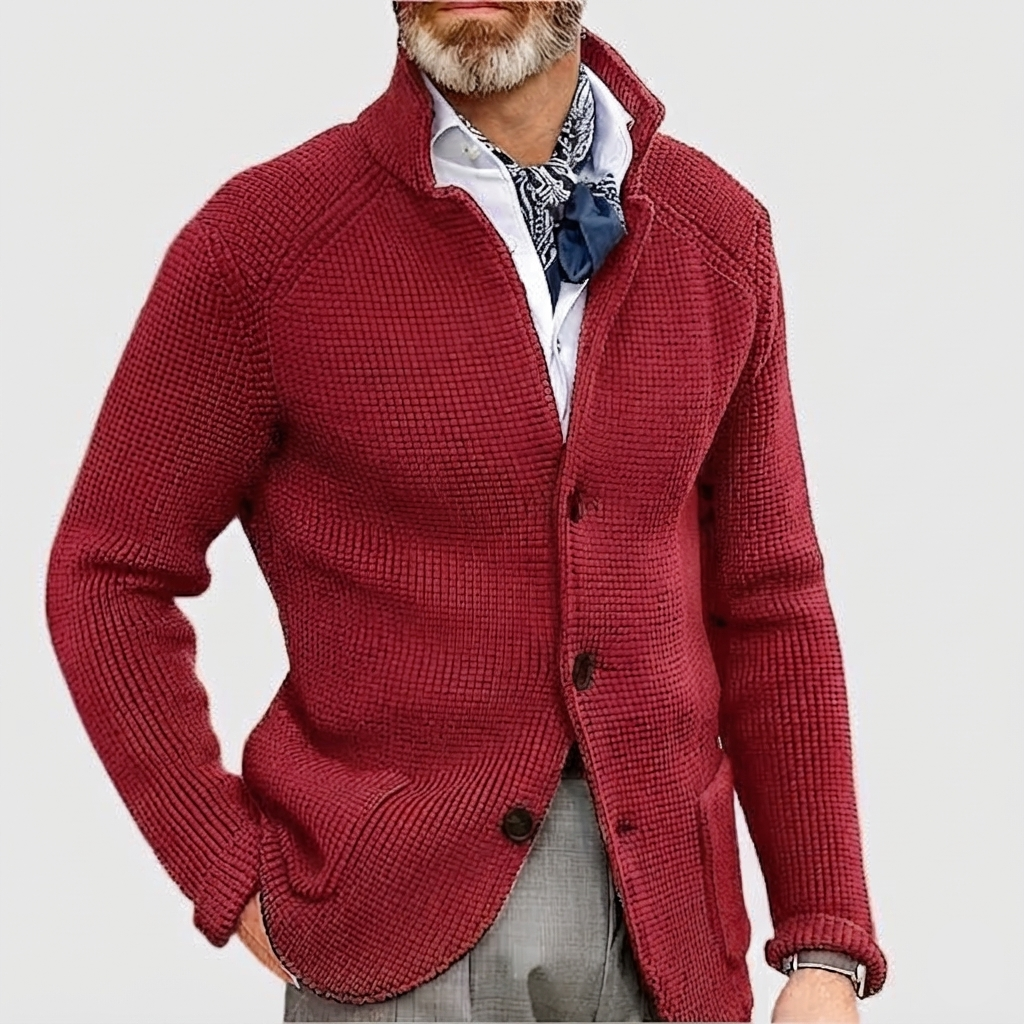 Men's Waffle-Knit Cardigan Sweater with Stand Collar and Button Front — Allyours Closet (view 4)
