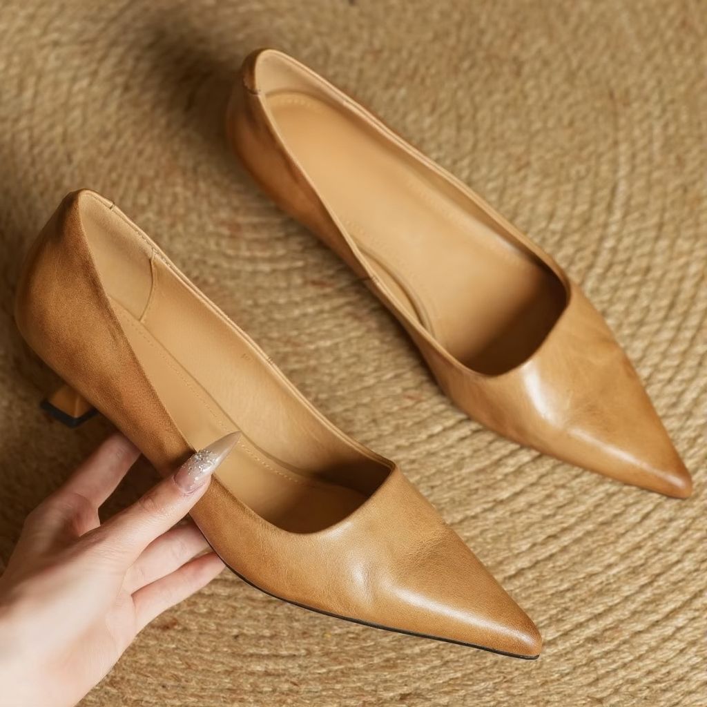Women's Genuine Cow Leather Pointed Toe Slip-On Pumps, Soft Comfort-Fit Refined 1.8 Inch Thin Heel Dress Shoes