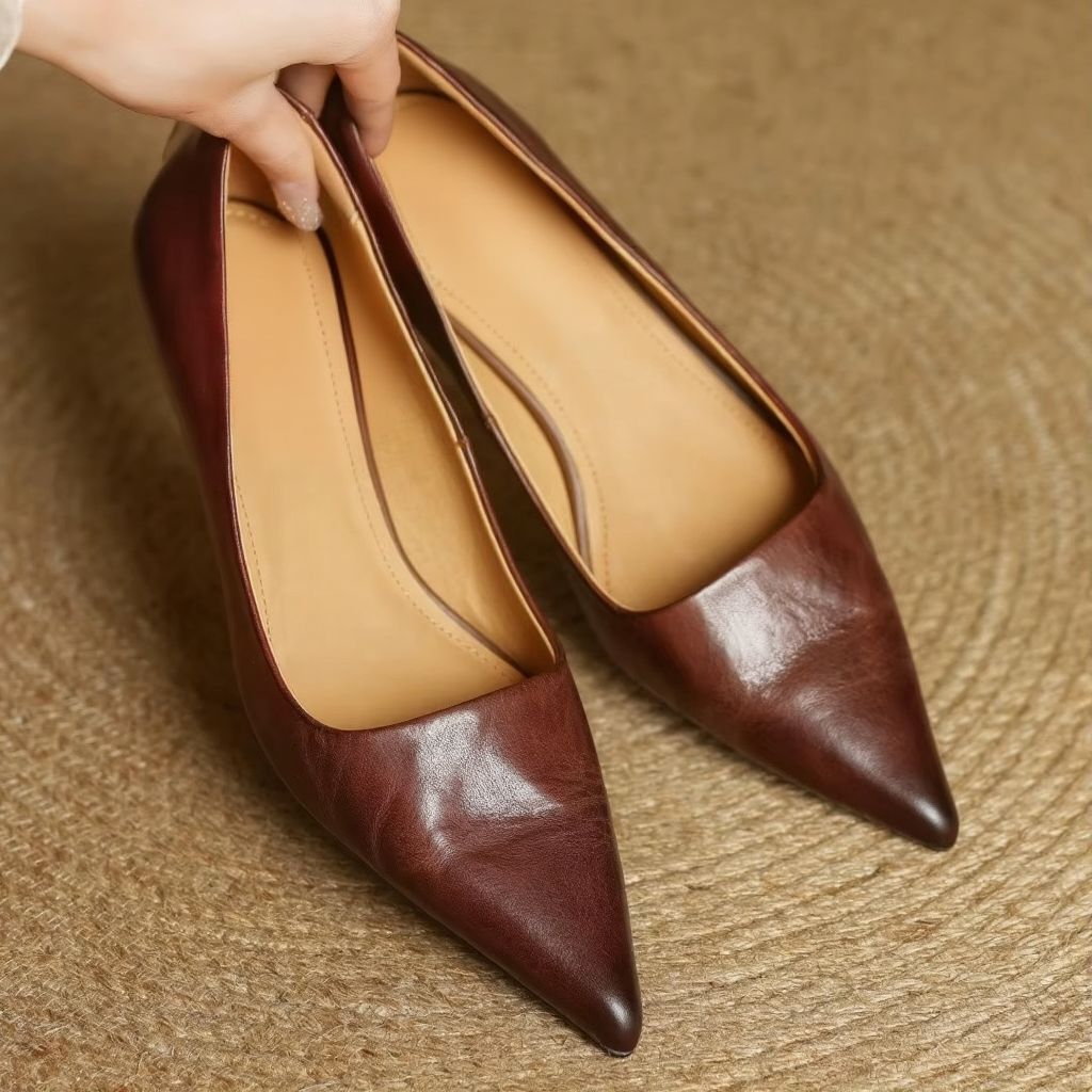 Women's Genuine Cow Leather Pointed Toe Slip-On Pumps, Soft Comfort-Fit Refined 1.8 Inch Thin Heel Dress Shoes