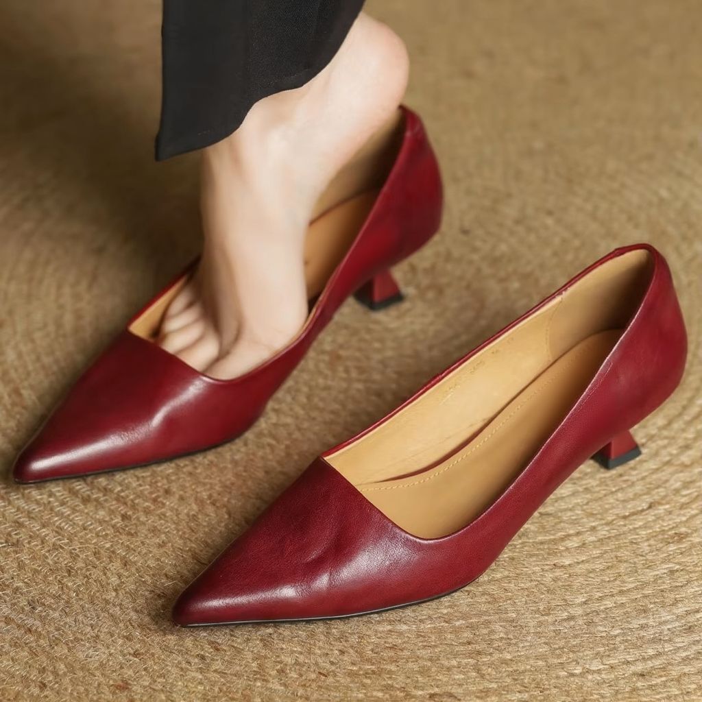 Women's Genuine Cow Leather Pointed Toe Slip-On Pumps, Soft Comfort-Fit Refined 1.8 Inch Thin Heel Dress Shoes