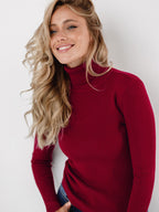 Women's Ribbed Knit Sweater with Turtleneck and Thumbhole Cuffs