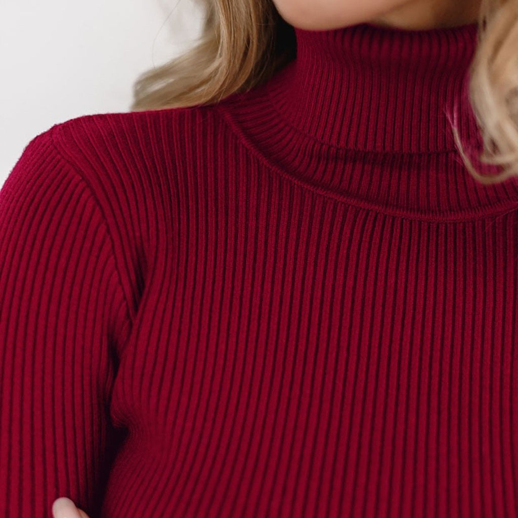 Women's Ribbed Knit Sweater with Turtleneck and Thumbhole Cuffs