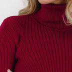 Women's Ribbed Knit Sweater with Turtleneck and Thumbhole Cuffs