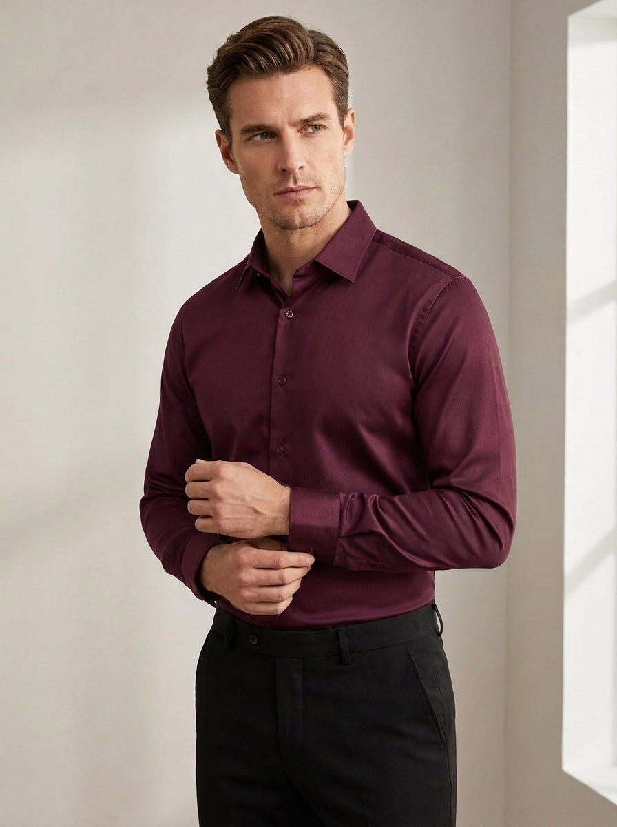 Slim Fit Satin-Stretch Shirt in Burgundy — angle view