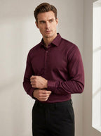 Slim Fit Satin-Stretch Shirt in Burgundy — angle view