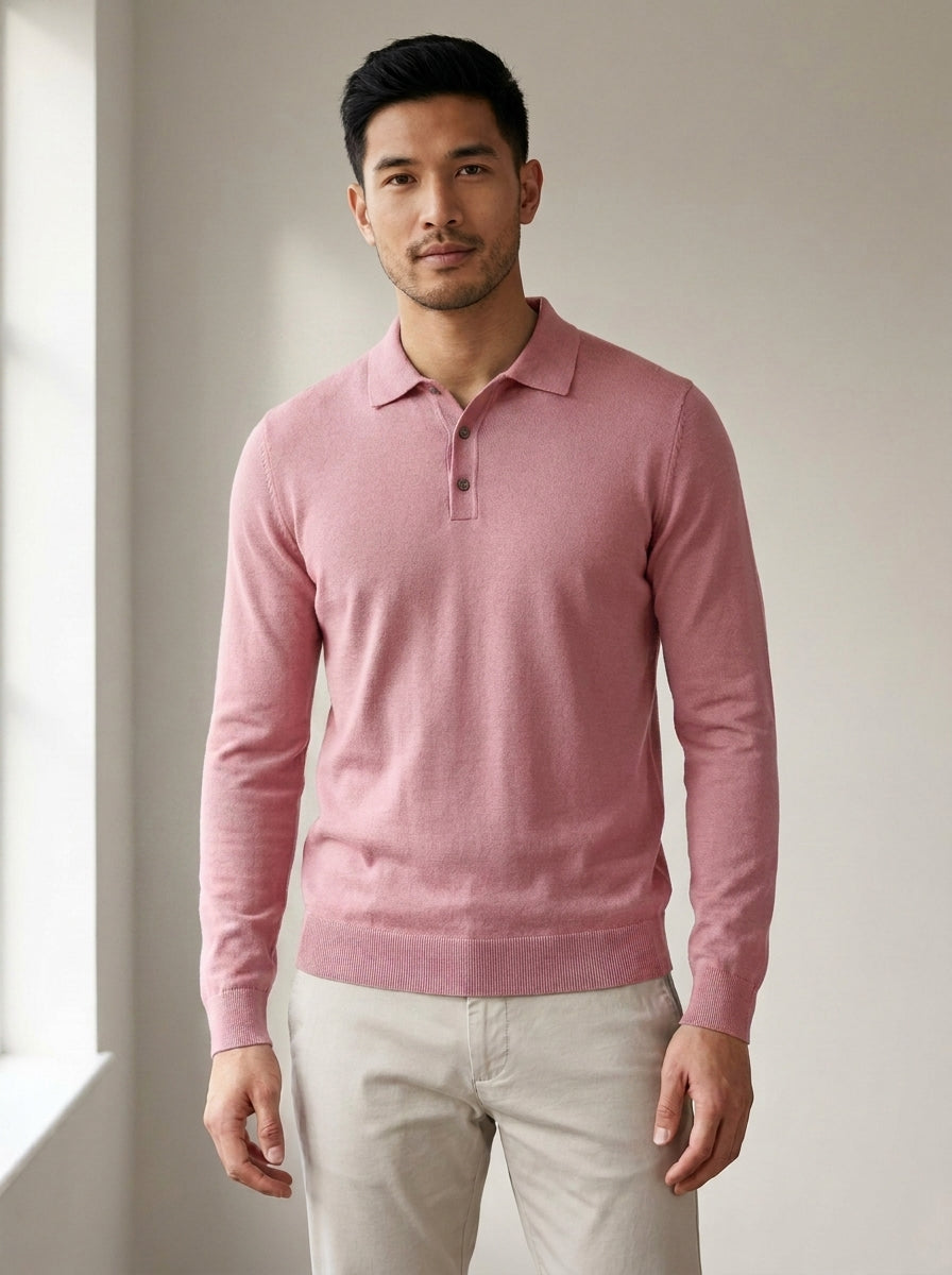 Long Sleeve Knit Polo Shirt in Pink