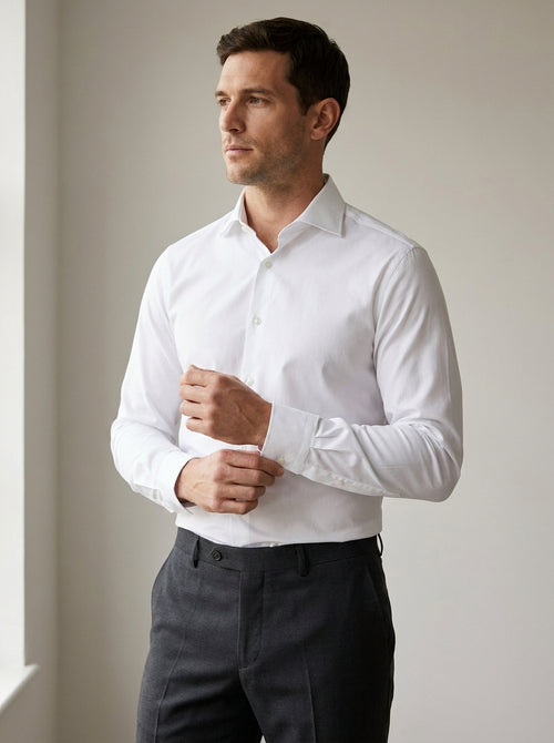slim fit long sleeve dress shirt in crisp white — angle view