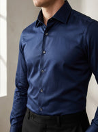 slim fit satin-feel stretch dress shirt in deep navy with subtle low sheen — detail view