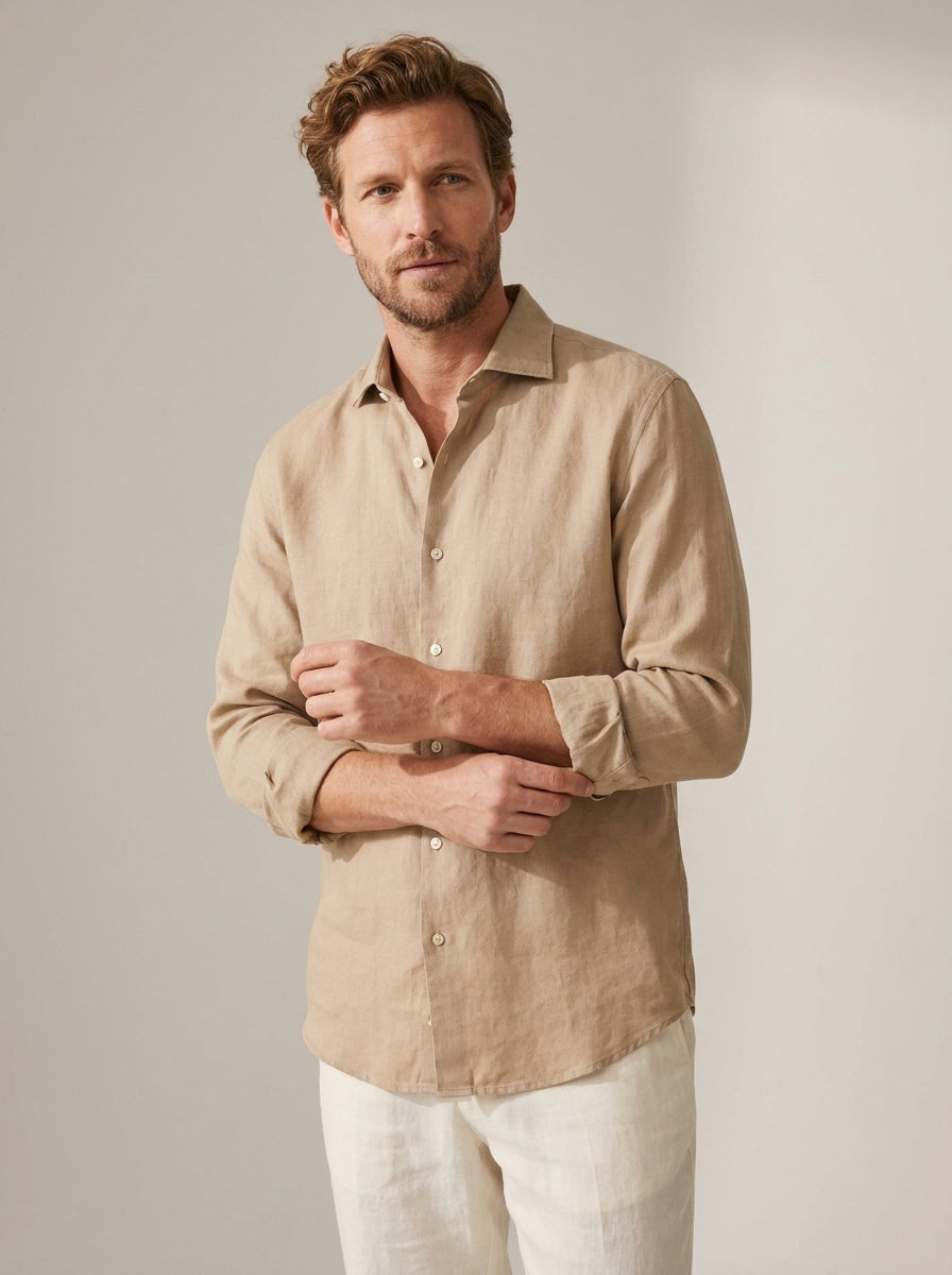 relaxed fit linen long sleeve shirt in warm beige — angle view