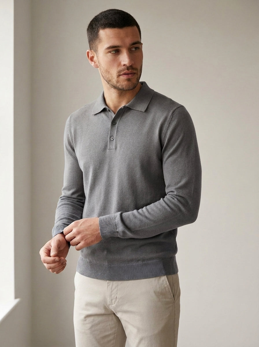 Long Sleeve Knit Polo Shirt in Grey — angle view