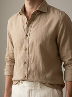 relaxed fit linen long sleeve shirt in warm beige — detail view