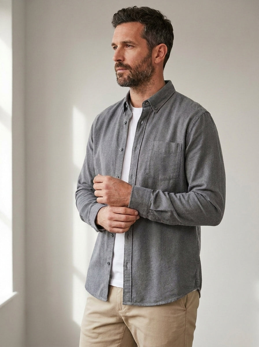 Casual Button-Down Shirt — Relaxed Fit in Grey — angle view